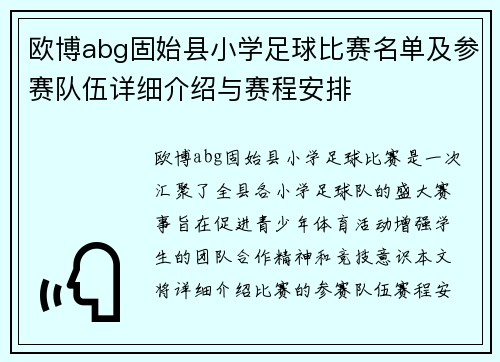 欧博abg固始县小学足球比赛名单及参赛队伍详细介绍与赛程安排